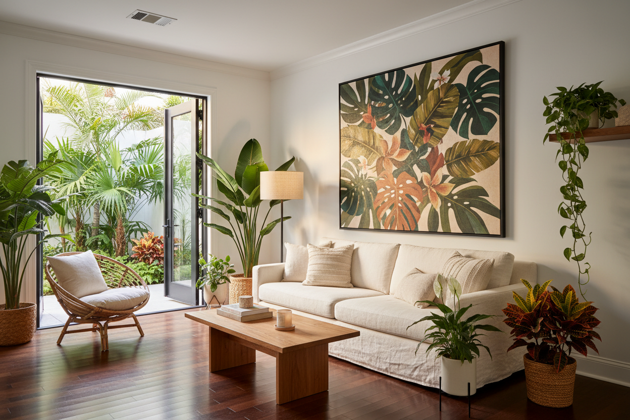 Sophisticated South Florida living room with tropical plants including Monstera, Bird of Paradise, Peace Lily and Croton