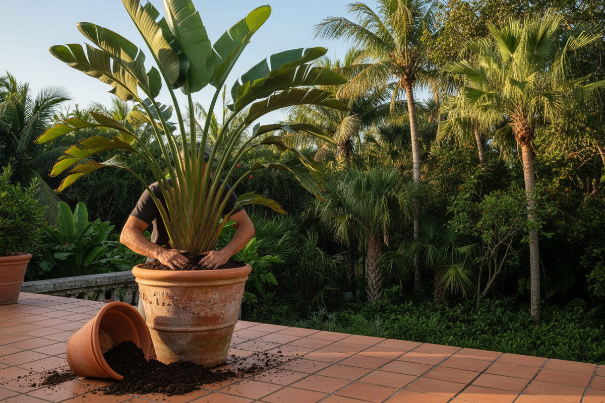 A spectacular Bird of Paradise being repotted outdoors on a South Florida terrace in the early morning golden light