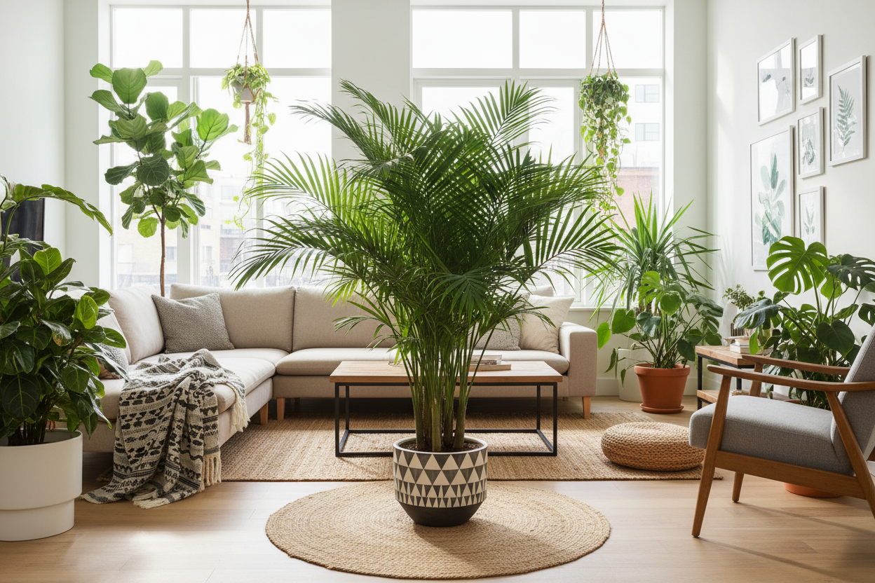 Cat palm in decorative pot in living room with other plants in the room