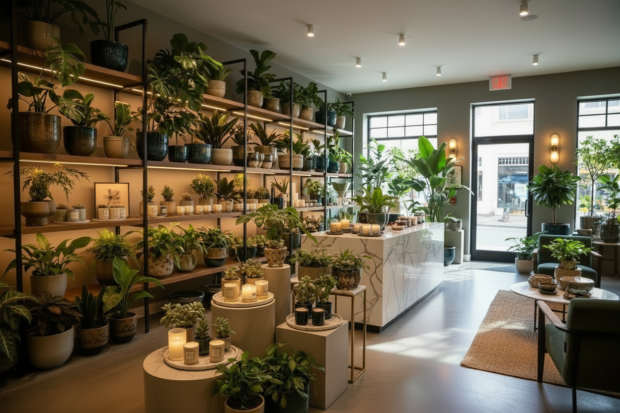 keep exact image butadd more plants and remove the round jar from the counter